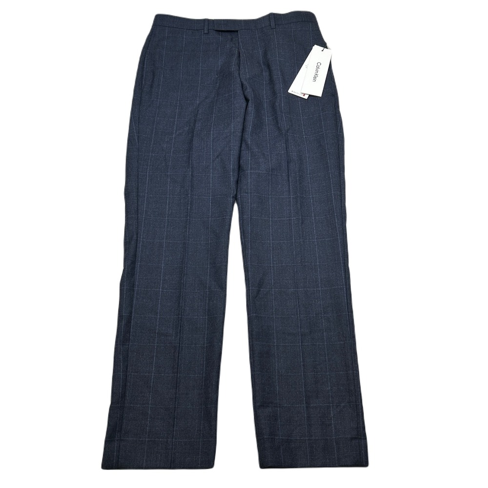 Calvin Klein Slim Fit  Dress‎ Pants Mens 34x32 Blue Plaid Tapered Leg NEW